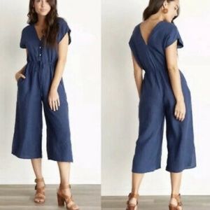 NWOT, Cloth & Stone Navy Cropped Linen Jumpsuit